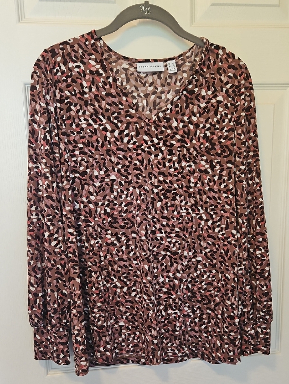 Susan Graver Pink Multi Leopard-Print V-Neck Long Sleeve Top